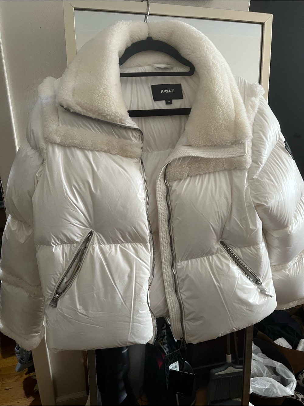 Mackage Women's White Puffy Shearling-Trim Puffer Jacket
